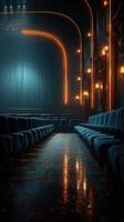 Elegant theater interior with polished floor and cozy seating awaits evening performance photo