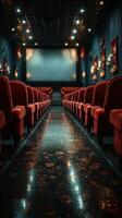 elegante rojo sillas línea el pasillo en un Clásico cine, Listo para mecenas a disfrutar un película en un acogedor atmósfera durante noche horas foto