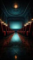 Elegant vintage theater interior showcases empty red seats and grand screen awaiting an audience photo