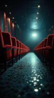 Rows of empty red theater seats leading towards a bright spotlight in a large hall during a performance event photo