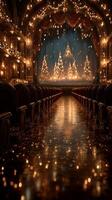 Elegant theater decorated with holiday lights and festive trees during winter evening performance photo