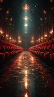 Elegant red seats line a grand hall with shimmering reflections beneath soft lighting and a sparkling ceiling at night photo