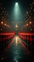 Empty theater with red velvet seats illuminated by a single spotlight in a dark setting photo