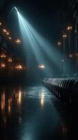 Mysterious theater interior featuring empty rows of seats and dramatic lighting effects during the evening photo