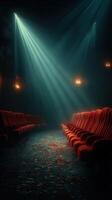 Atmospheric old theater interior with red velvet seating and soft light beams creating a dramatic effect photo