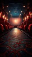 vacío cine con rojo asientos Listo para audiencia antes de el película poner en pantalla a noche foto