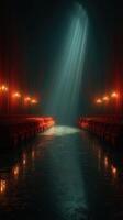 Dramatic lighting illuminates empty theater with velvet seats and rich textures photo