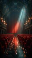 Richly decorated theater interior with red velvet seats and dramatic lighting before a performance photo