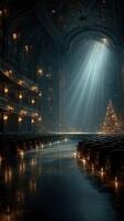 Elegant theater interior with candlelight and Christmas tree during a quiet evening in winter photo