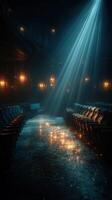 Light beams illuminate an abandoned theater with scattered effects on the floor in an antique setting photo