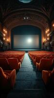 elegante Clásico teatro con naranja asientos y iluminado etapa a crepúsculo foto