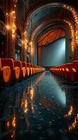 Interior of a vintage theater showcasing ornate architecture and glowing lights in a captivating ambiance photo