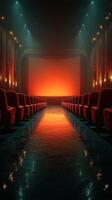 Elegant theater interior with vibrant lighting and empty rows of red seats creating an inviting atmosphere for a performance photo