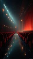 Beautiful theater interior with rich red curtains and elegant lighting in a dimly lit environment creating a dramatic atmosphere photo