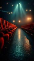 filas de vacío rojo cine asientos iluminado por suave azul y amarillo luces en un tranquilo teatro atmósfera foto