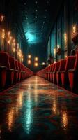 Elegant theater interior with red velvet seats illuminated by soft golden lights during a quiet evening photo
