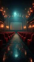 elegante Clásico teatro interior con rojo asientos y brillante luces durante un película presentación foto