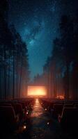 Outdoor movie screening under starry night sky in a forest setting with illuminated screen and empty chairs photo