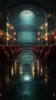 Elegant interior of an old theater with plush red seats and a grand stage lit by soft lighting photo
