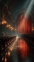 Elegant theater interior with a grand red curtain illuminated by soft lighting in the evening photo