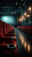 lujoso rojo asientos línea el Clásico cine esperando para ansioso cinéfilos en un tenuemente iluminado salón foto