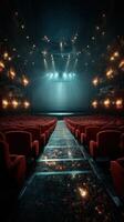 Empty theater with red seats and bright stage lights before a performance at night photo