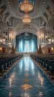 Elegant theater interior adorned with Christmas decorations, featuring a grand stage and shimmering chandeliers photo