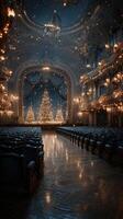 Elegant theater adorned for a festive celebration with illuminated Christmas trees in a stunning historical venue photo