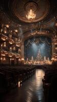 Elegant theater interior with festive decorations set for a winter performance at night photo