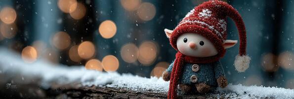 Festive elf doll sitting on snowy log with blurred holiday lights in background during winter season photo