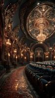 Intricate interior of an ornate theater with elegant seating and stunning chandelier design photo