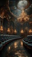 Elegant interior of an ornate hall featuring opulent seating and a grand chandelier illuminated by soft light photo