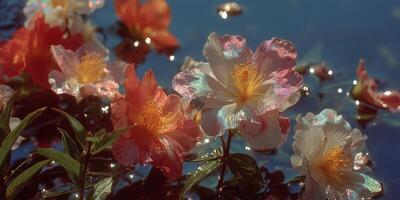 Blooming flowers reflect on water surface in serene natural setting during daytime in a peaceful garden photo