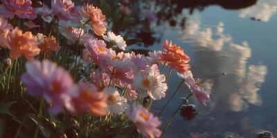 Colorful flowers bloom by a serene pond reflecting clouds in a tranquil garden during the afternoon photo