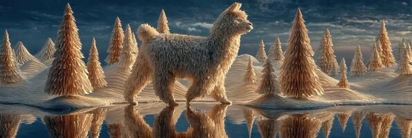 Fluffy dog walks through a shimmering winter landscape with snow-covered trees at dusk photo