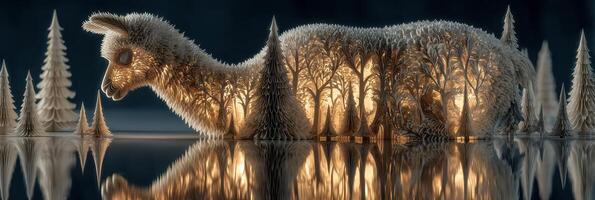 Mysterious illuminated landscape featuring a woodland creature alongside tranquil reflections on a calm lake photo