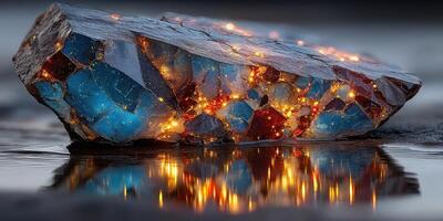 Brilliant reflections of a luminous mineral resting on a wet surface during golden hour photo