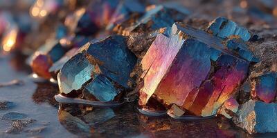 Colorful mineral crystals reflect light by a water pool in natural setting during daylight hours photo