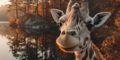Giraffe enjoying a serene moment near a calm lake surrounded by autumn foliage during golden hour photo