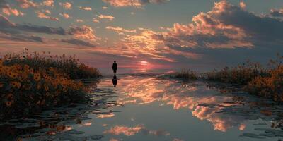 Sunset walk by the serene lake surrounded by vibrant sunflowers and reflective waters photo