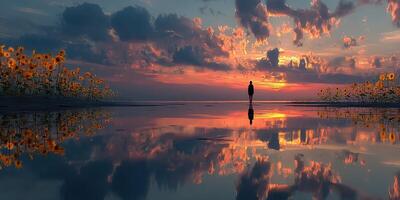Bright sunset reflects over calm water while a person stands among sunflowers in the evening sky photo