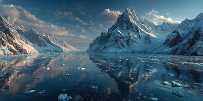 Majestic snow-capped mountains reflecting in calm waters in a serene polar landscape during twilight photo