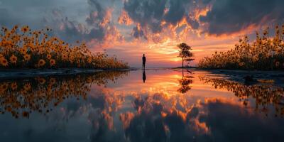 Sunset reflections over a serene landscape with a solitary figure by a vibrant flower field photo