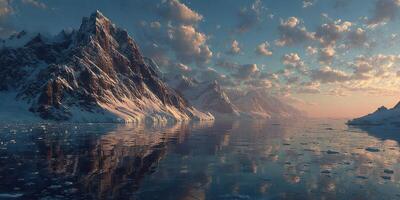 Majestic mountain landscape at sunset with icebergs reflecting on calm waters photo