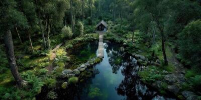Beautiful wooden cabin surrounded by lush greenery and tranquil pond in a serene forest setting photo
