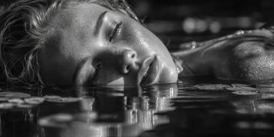 Woman floating peacefully in serene water surrounded by nature during a calm afternoon photo