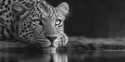 Majestic leopard resting by the water's edge during a tranquil moment in the wild photo