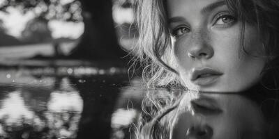 Young woman gazes thoughtfully into still water surrounded by nature in a tranquil setting during golden hour photo