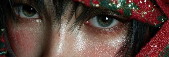 Close-up of a person wearing a decorative headscarf with exquisite detailing and captivating eyes photo