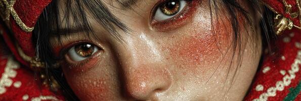 Close-up of an individual with striking eyes and intricate makeup adorned in vibrant cultural attire photo